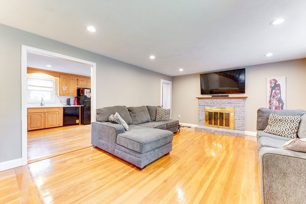 Fireplace, Interior, Kitchen, Living room, Recessed Lighting, Wood Texture Flooring