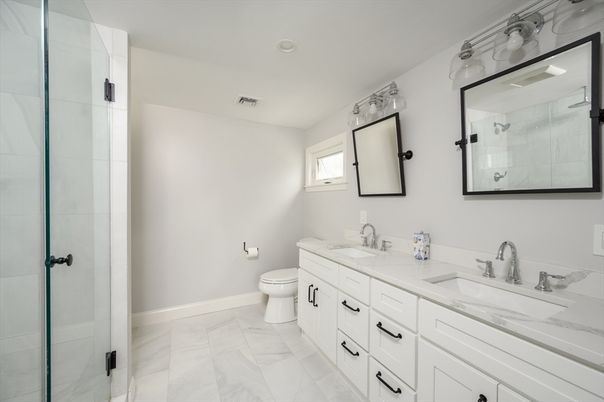 Bathroom, Dual Sink Vanities, Glass Shower, Interior, Marble, Recessed Lighting