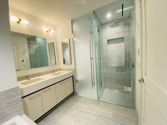 Bathroom, Dual Sink Vanities, Glass Shower, Interior, Recessed Lighting