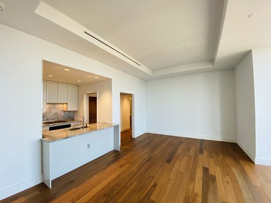 Empty room, Interior, Kitchen, Recessed Lighting, Wood Texture Flooring