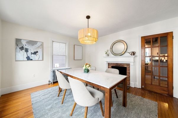 Dining room, Fireplace, Interior, Pendant Lights, Wood Texture Flooring