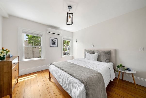 Bedroom, Interior, Pendant Lights, Wood Texture Flooring