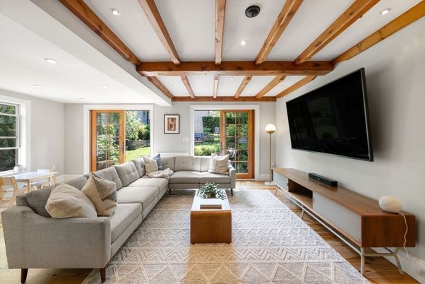 Interior, Living room, Recessed Lighting, Wooden Beams, Wood Texture Flooring