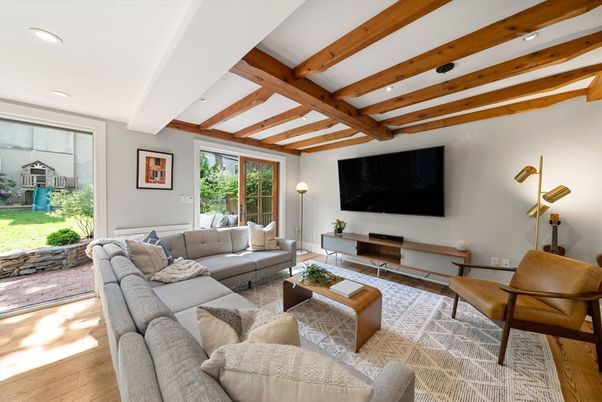 Interior, Living room, Recessed Lighting, Wooden Beams, Wood Texture Flooring