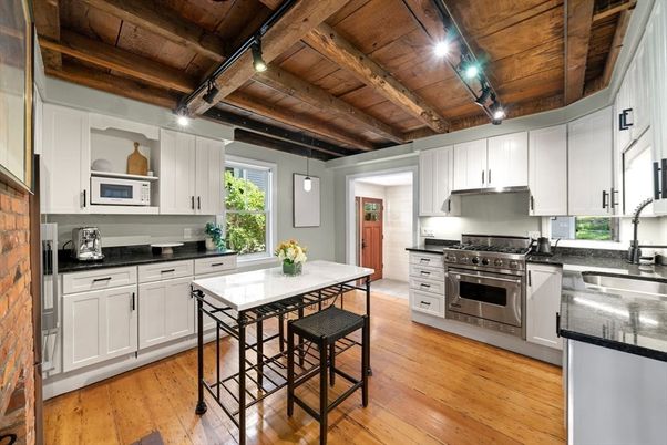 Interior, Kitchen, Pendant Lights, Stainless Steel Appliances, Wooden Beams, Wooden Ceilings, Wood Texture Flooring