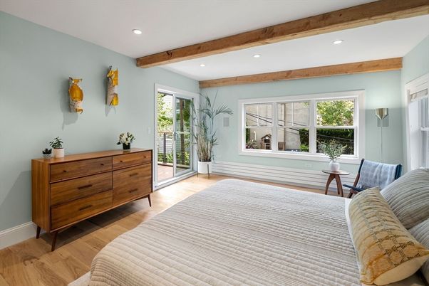 Bedroom, Interior, Recessed Lighting, Wooden Beams, Wood Texture Flooring