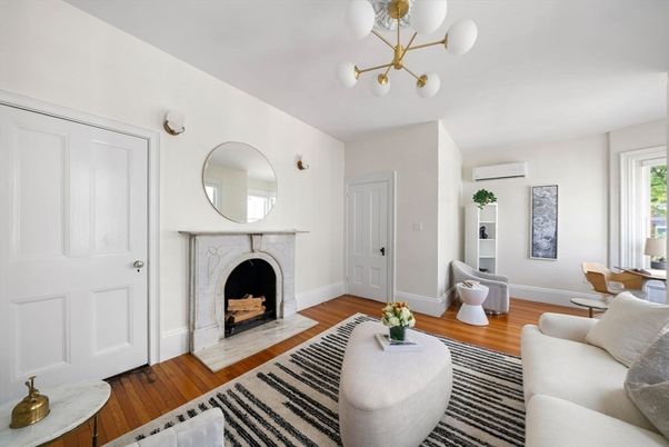 Fireplace, Interior, Living room, Pendant Lights, Wood Texture Flooring