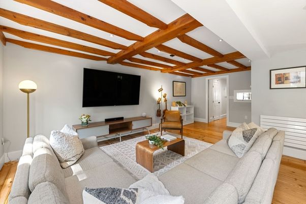 Interior, Living room, Recessed Lighting, Wooden Beams, Wood Texture Flooring