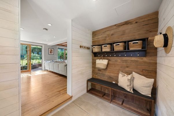 Interior, Living room, Recessed Lighting, Wood Texture Flooring, Wooden Walls