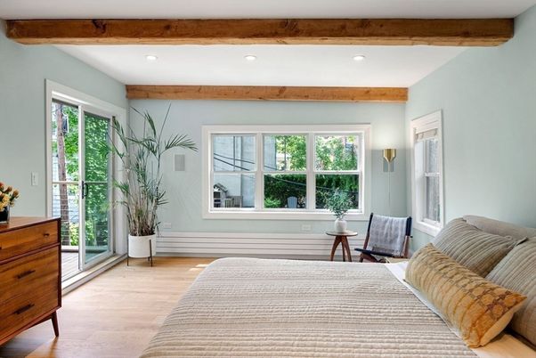 Bedroom, Interior, Recessed Lighting, Wooden Beams, Wood Texture Flooring