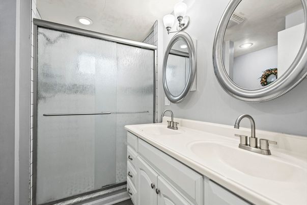 Bathroom, Dual Sink Vanities, Glass Shower, Interior, Recessed Lighting