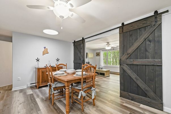 Dining room, Interior, Recessed Lighting, Wood Texture Flooring