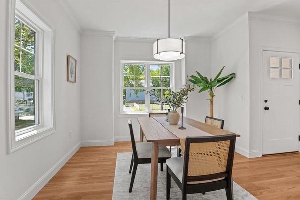 Dining room, Interior, Pendant Lights, Wood Texture Flooring