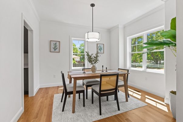 Dining room, Interior, Pendant Lights, Wood Texture Flooring