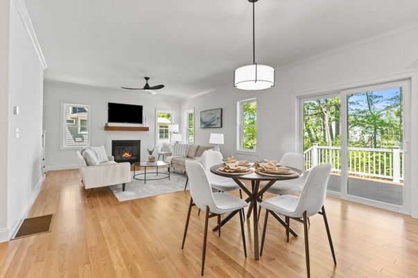 Dining room, Fireplace, Interior, Living room, Pendant Lights, Wood Texture Flooring
