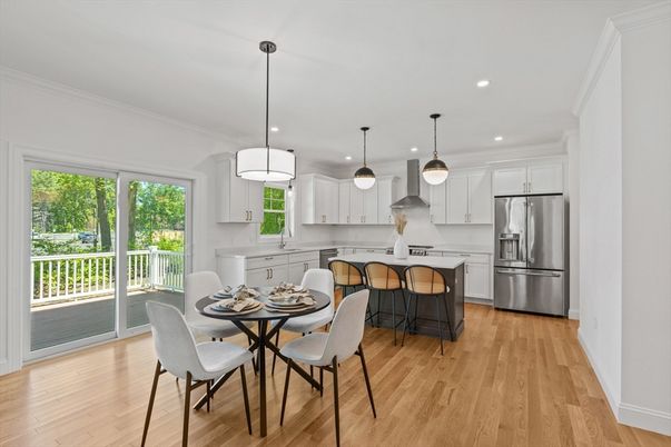 Dining room, Interior, Kitchen, Pendant Lights, Recessed Lighting, Stainless Steel Appliances, Wood Texture Flooring