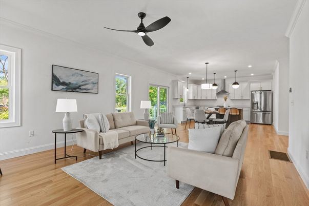 Dining room, Interior, Kitchen, Living room, Pendant Lights, Recessed Lighting, Stainless Steel Appliances, Wood Texture Flooring