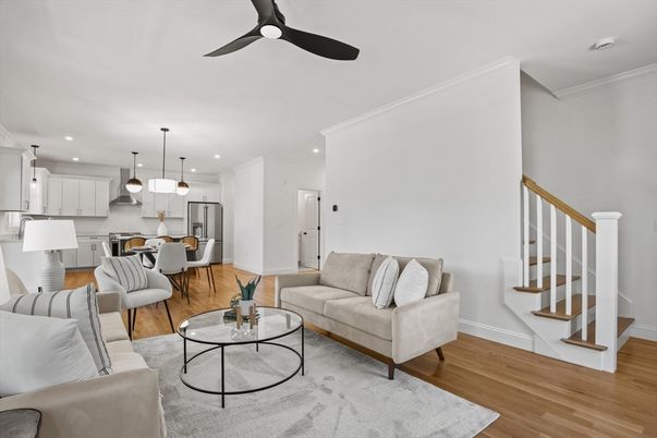 Dining room, Interior, Kitchen, Living room, Pendant Lights, Recessed Lighting, Stainless Steel Appliances, Wood Texture Flooring