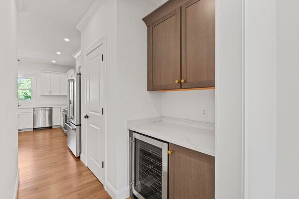 Fireplace, Interior, Kitchen, Recessed Lighting, Stainless Steel Appliances, Wood Texture Flooring
