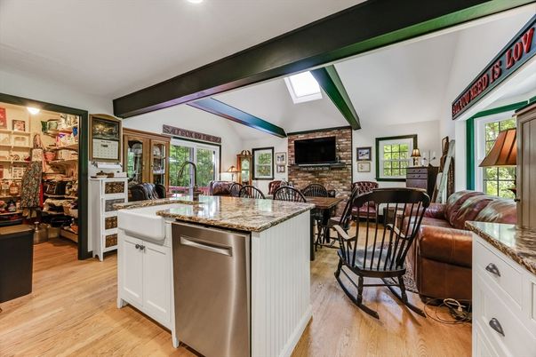 Fireplace, Interior, Kitchen, Recessed Lighting, Stone Walls, Wood Texture Flooring