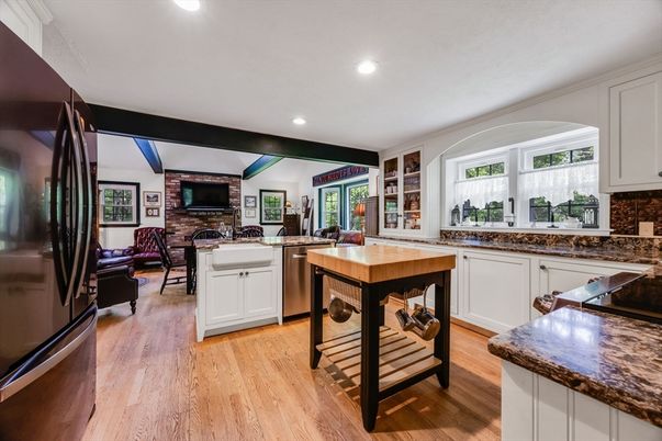 Fireplace, Interior, Kitchen, Recessed Lighting, Stone Walls, Wood Texture Flooring