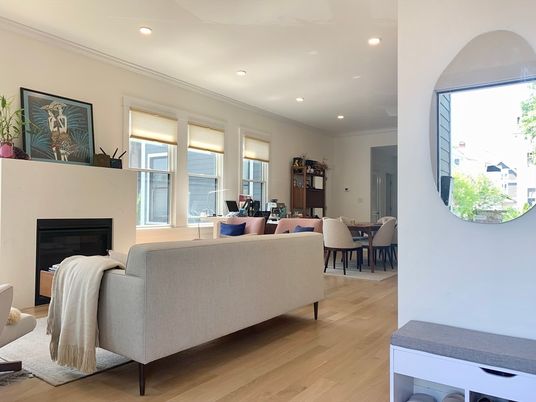 Dining room, Fireplace, Interior, Living room, Recessed Lighting, Wood Texture Flooring
