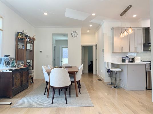 Dining room, Interior, Kitchen, Pendant Lights, Recessed Lighting, Wood Texture Flooring
