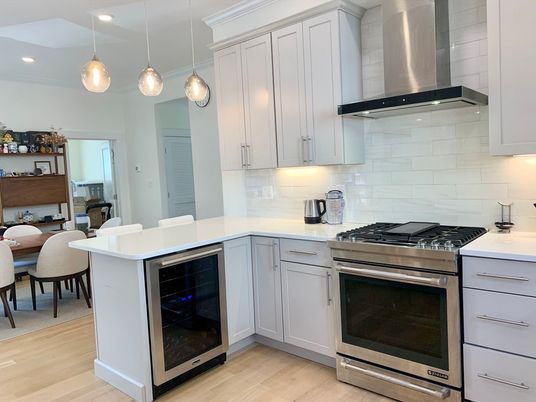 Dining room, Interior, Kitchen, Pendant Lights, Recessed Lighting, Stainless Steel Appliances, Wood Texture Flooring