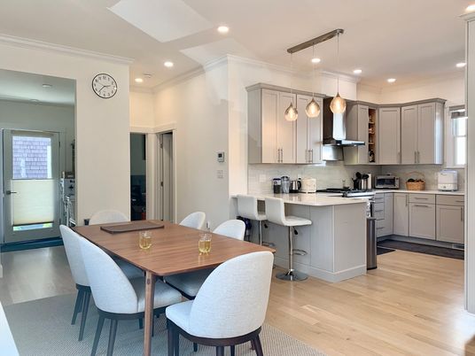 Dining room, Interior, Kitchen, Pendant Lights, Recessed Lighting, Stainless Steel Appliances, Wood Texture Flooring