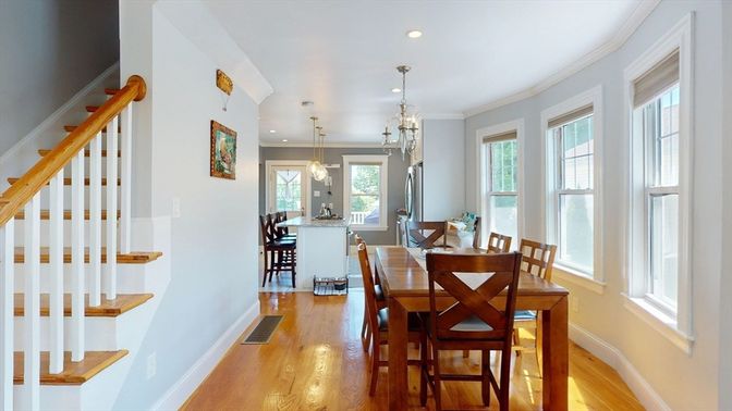 Dining room, Interior, Pendant Lights, Recessed Lighting, Wood Texture Flooring