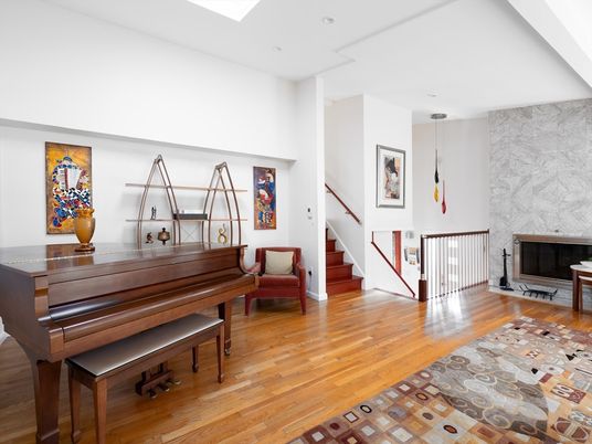 Fireplace, Interior, Pendant Lights, Piano, Recessed Lighting, Wood Texture Flooring