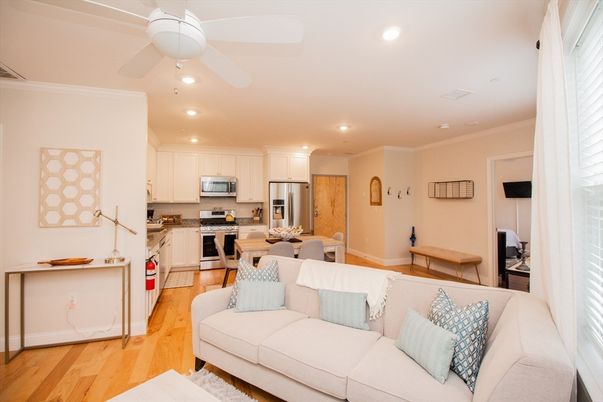Dining room, Interior, Kitchen, Living room, Recessed Lighting, Stainless Steel Appliances, Wood Texture Flooring