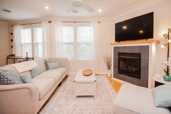 Fireplace, Interior, Living room, Recessed Lighting, Wood Texture Flooring