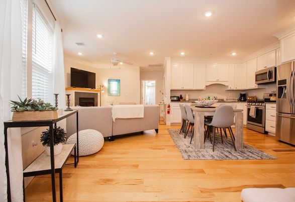 Dining room, Fireplace, Interior, Kitchen, Living room, Recessed Lighting, Stainless Steel Appliances, Wood Texture Flooring