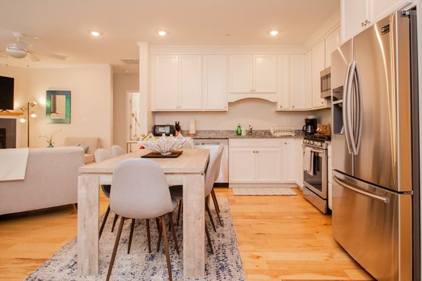 Dining room, Interior, Kitchen, Recessed Lighting, Stainless Steel Appliances, Wood Texture Flooring