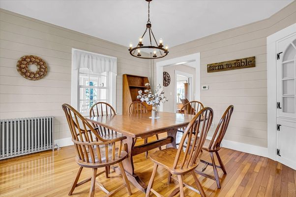 Dining room, Interior, Pendant Lights, Wood Texture Flooring