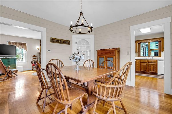 Dining room, Interior, Pendant Lights, Wood Texture Flooring