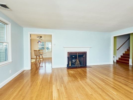 Dining room, Empty room, Fireplace, Interior, Pendant Lights, Wood Texture Flooring