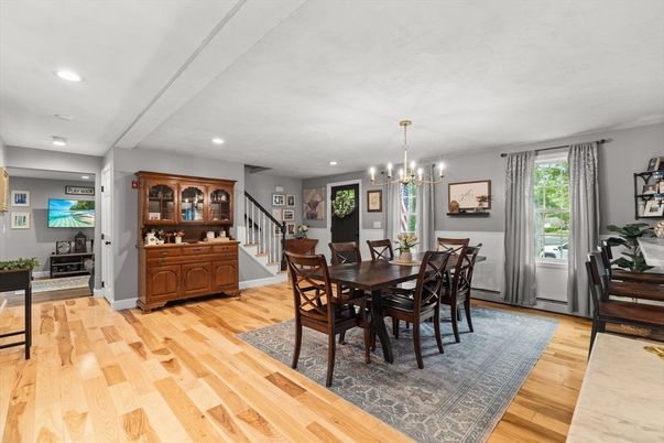 Dining room, Interior, Pendant Lights, Recessed Lighting, Wood Texture Flooring