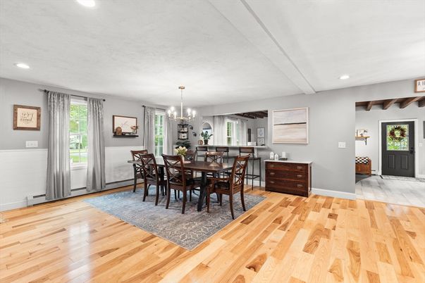Chandelier, Dining room, Interior, Recessed Lighting, Wood Texture Flooring