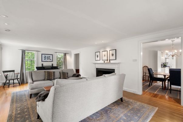 Chandelier, Dining room, Fireplace, Interior, Living room, Recessed Lighting, Wood Texture Flooring