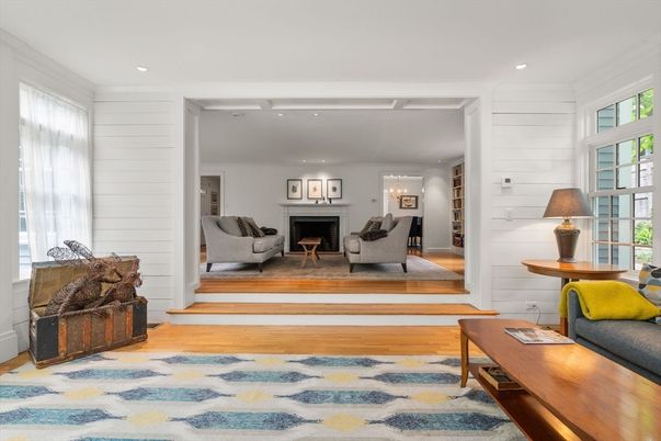 Fireplace, Interior, Living room, Recessed Lighting, Wood Texture Flooring
