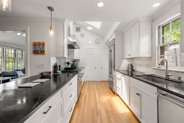 Interior, Kitchen, Pendant Lights, Recessed Lighting, Stainless Steel Appliances, Wood Texture Flooring