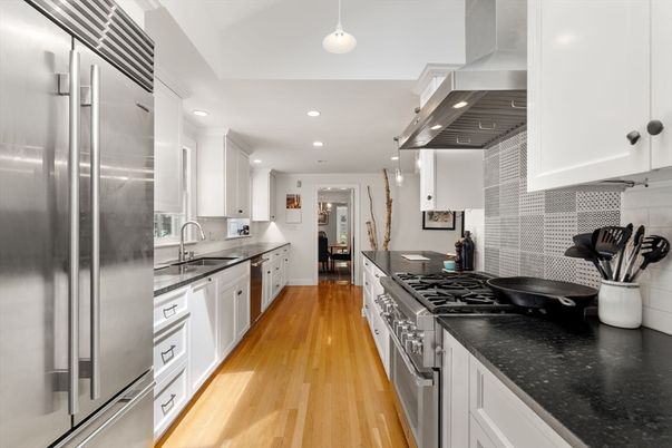 Interior, Kitchen, Pendant Lights, Recessed Lighting, Stainless Steel Appliances, Wood Texture Flooring