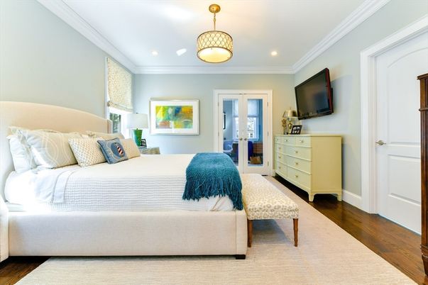 Bedroom, Interior, Pendant Lights, Recessed Lighting, Wood Texture Flooring