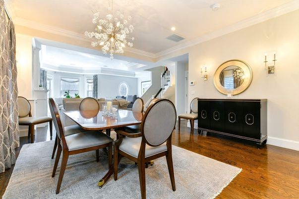 Dining room, Interior, Pendant Lights, Recessed Lighting, Wood Texture Flooring