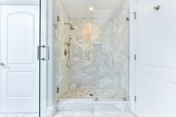 Bathroom, Glass Shower, Interior, Marble, Marble Walls, Recessed Lighting