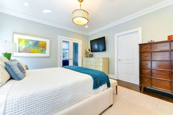Bedroom, Interior, Pendant Lights, Recessed Lighting, Wood Texture Flooring