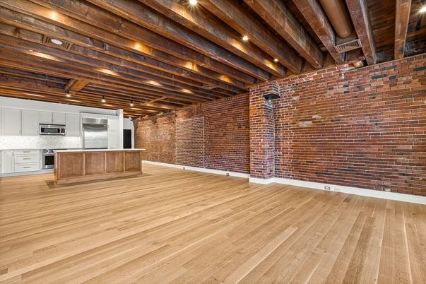 Empty room, Interior, Kitchen, Stainless Steel Appliances, Stone Walls, Wooden Beams, Wood Texture Flooring