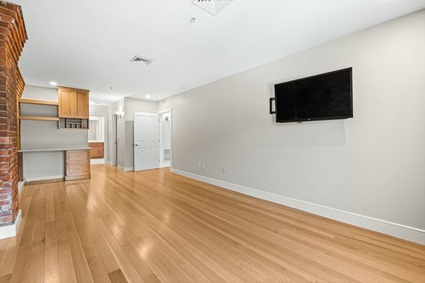 Empty room, Interior, Kitchen, Recessed Lighting, Wood Texture Flooring